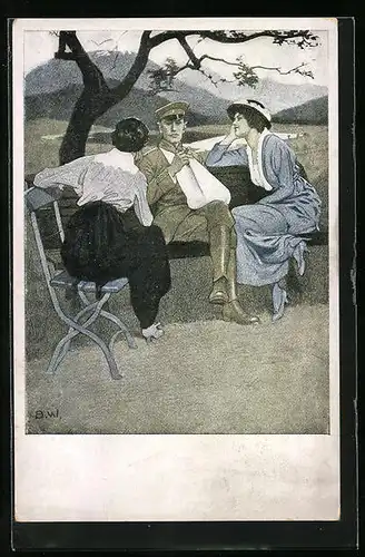 Künstler-AK Brynolf Wennerberg: Junger Soldat wird von Damen umgarnt