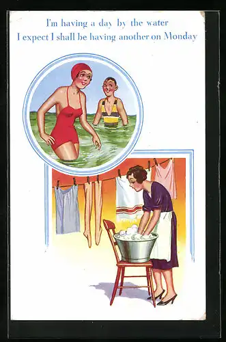 Künstler-AK unsign. Donald McGill: Waschfrau in Gedanken im Badeurlaub