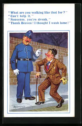 Künstler-AK Donald McGill: Polizist unterweist einen Mann mit Handicap