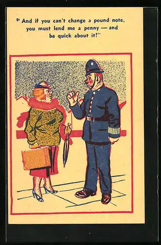 Künstler-AK Donald McGill: Polizist unterhält sich mit edler Dame