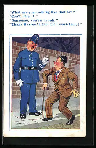 Künstler-AK Donald McGill: Polizist unterweist einen Mann mit Handicap