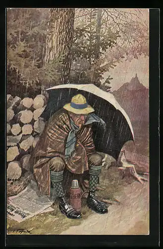 Künstler-AK Mann am Wegesrand im Regen