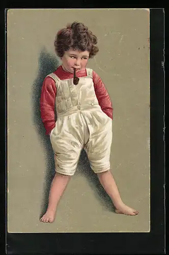 AK Knabe in Latzhose mit Pfeife