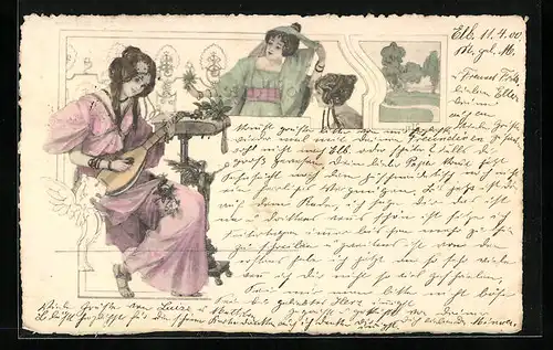 AK Schönheit spielt auf der Laute, Jugendstil