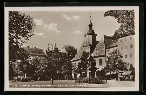 AK Jena, Blick über den Markt mit Rathaus und Kurfürsten-Denkmal