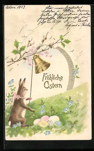 Präge-AK Ostergruss, Osterhase läutet die Osterglocke