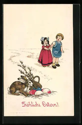 Präge-AK Ostergruss, Kinder haben die versteckten Eier entdeckt