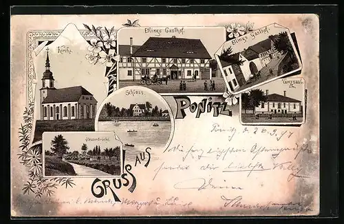 Vorläufer-Lithographie Ponitz, 1894, Etlings Gasthof, Schloss, Kirche, Pleissenbrücke