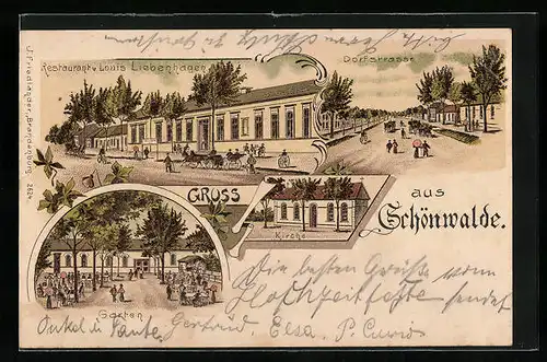 Lithographie Schönwalde /Wandlitz, Restaurant v. Louis Liebenhagen, Dorfstrasse, Kirche