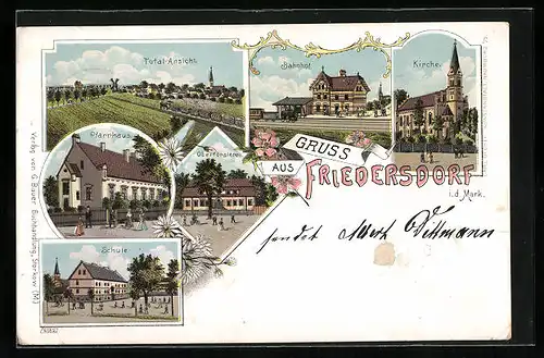 Lithographie Friedersdorf, Kirche, Bahnhof, Schule, Oberförsterei, Pfarrhaus