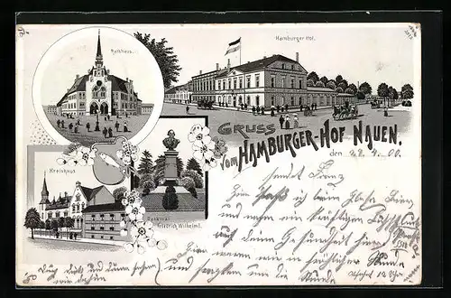 Lithographie Nauen, Gasthof Hamburger-Hof, Rathaus, Kreishaus, Denkmal Friedrich Wilhelm I.