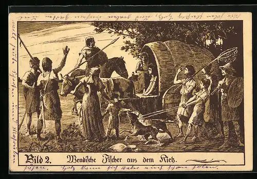 Künstler-AK Kremmen, Festpostkarte zur Fünfhundertjahrfeier der Schlacht am Kremmer Damm 1412-1912, Wendische Fischer