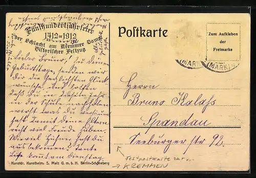 Künstler-AK Kremmen, Festpostkarte zur Fünfhundertjahrfeier der Schlacht am Kremmer Damm 1412-1912, Wendische Fischer