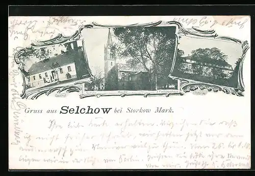 AK Selchow bei Storkow /Mark, Gasthof, Schule mit Kirche und Pastorenhaus, Schloss
