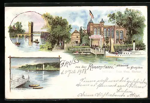 Lithographie Nedlitz b. Potsdam, Restaurant Römerschanze, Flusspartie