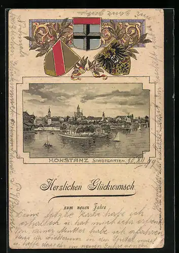 Passepartout-Lithographie Konstanz, Stadtgarten aus der Vogelschau, Wappen