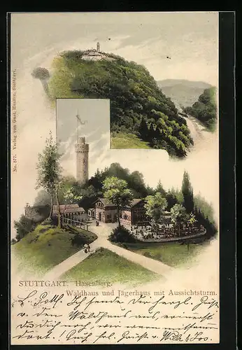 Lithographie Stuttgart, Gasthof Waldhaus und Jägerhaus mit Aussichtsturm am Hasenberg