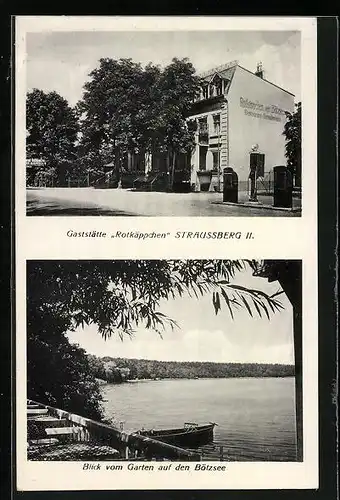 AK Straussberg, Gasthaus Rotkäppchen, Aussenterrasse mit Blick auf den Bötzsee