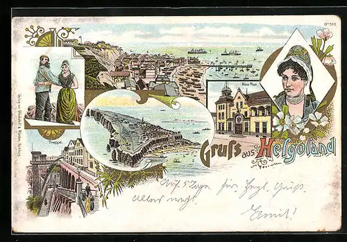 Lithographie Helgoland, Treppe, Neue Post, Gesamtansicht aus der Vogelschau