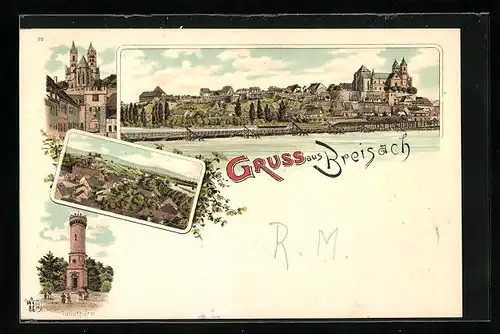 Lithographie Breisach, Panorama mit Schloss, Tullaturm