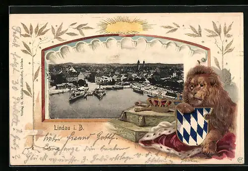 Passepartout-Lithographie Lindau im Bodensee, Hafenpartie, Dampfer, Bayerischer Löwe, Wappen
