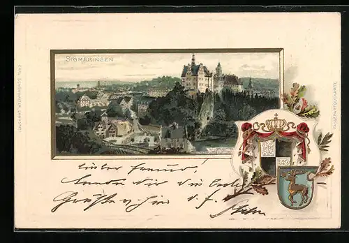 Passepartout-Lithographie Sigmaringen, Panorama mit Schloss, Wappen