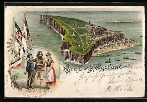 Lithographie Helgoland, Heiratsantrag unter Fischern, Panoramablick auf die Insel