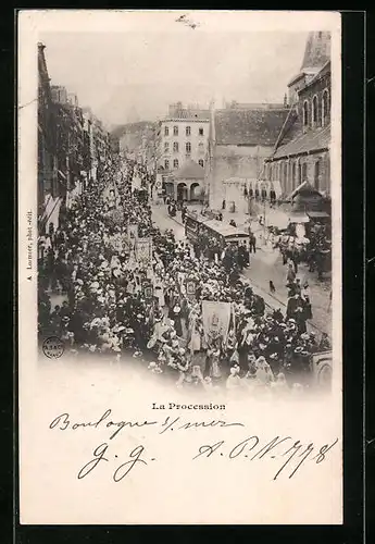 AK Boulogne-sur-Mer, La Procession, Strassenbahn