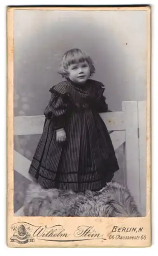 Fotografie Wilhelm Stein, Berlin-N., Chausseestr. 66, Kleines Mädchen im gestreiften Kleid