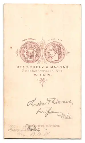 Fotografie Dr. Szekely & Massak, Wien, Elisabethstr. 1, Portrait Herr Theodor Thiems im ANzug mit Backenbart, 1867