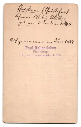 Fotografie Paul Hallensleben, Benneckenstein i. H., Portrait Mädchen Johanna Ottilie Müller mit Geige im Atelier, 1884