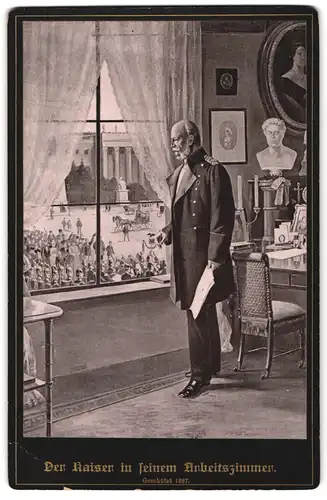 Fotografie unbekannter Fotograf und Ort, Portrait Kaiser Wilhelm I. am Fenster in seinem Arbeitszimmer