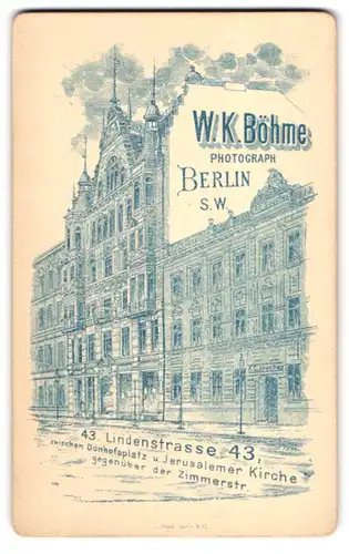 Fotografie W. K. Böhme, Berlin, Lindenstr. 43, Ansicht Berlin, Blick auf die Fasade des Fotografischen Ateliers