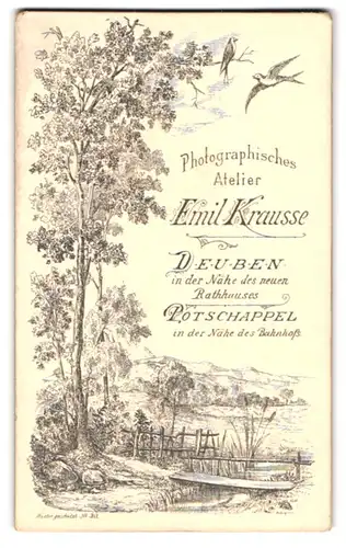 Fotografie Emil Krausse, Deuben, Ansicht Deuben, Seepartie mit Schwalben und Bergen