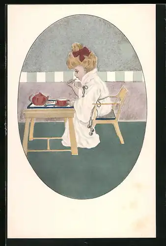 AK Kleines, blondes Mädchen am Frühstückstisch