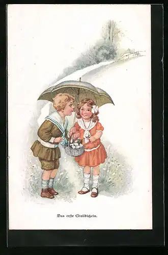AK Kleines Pärchen unterm Regenschirm im Feld