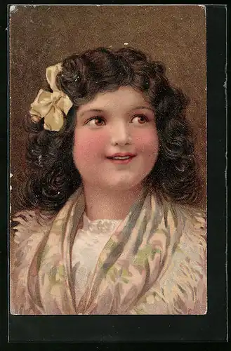 Präge-AK Junges Mädel mit Haselnussbraunen Augen und Schleife im Haar im Portrait