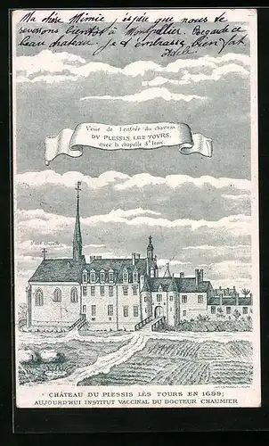 Lithographie Plessis, Château Du Plessis Lès Tours En 1699