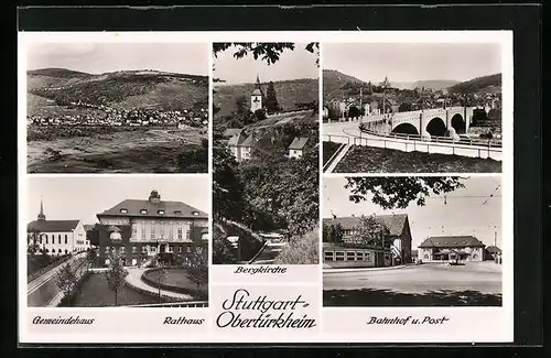AK Stuttgart-Obertürkheim, Bergkirche, Bahnhof und Post, Gemeindehaus, Rathaus