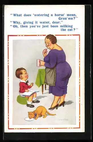 Künstler-AK Donald McGill: What does watering a horse mean, Gran`ma?