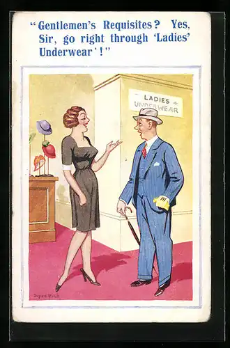 Künstler-AK Donald McGill: Gentlemen`s Requisites?