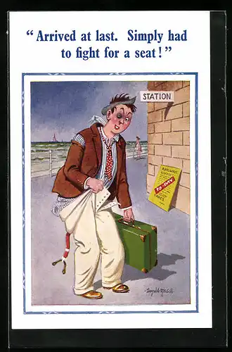 Künstler-AK Donald McGill: Simply had to fight for a seat!