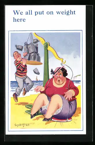 Künstler-AK Donald McGill: We all put on weight here