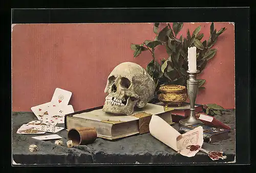 AK Totenschädel, Kartenspiel, Würfelbecher, Urkunde mit Siegel