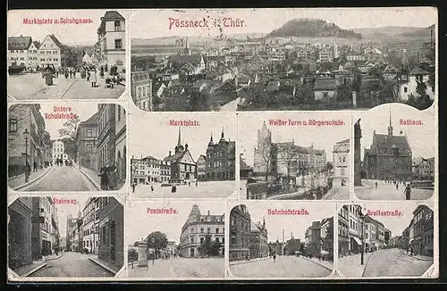 AK Pössneck i. Thür., Untere Schulstrasse, Breitestrasse, Poststrasse, Steinweg