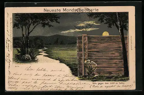 Lithographie Neueste Mondscheinkarte, Halt gegen das Licht: Mann hinter Holzwand