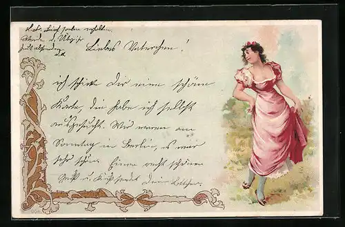 Lithographie Dame im Sommerkleid, Jugendstil