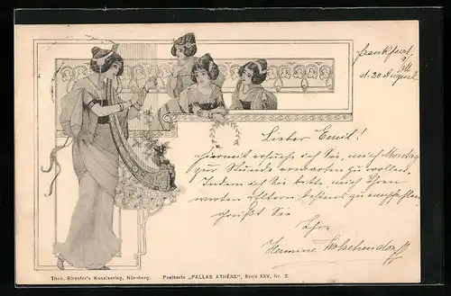 Künstler-AK Damen lauschen den Klängen der Harfe, Jugendstil