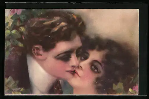 Lithographie Sich küssendes Paar, Art Deco