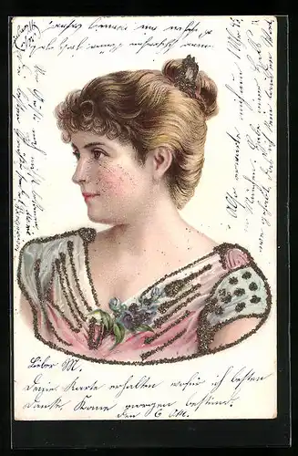 Lithographie Dame im verzierten Kleid, Jugendstil